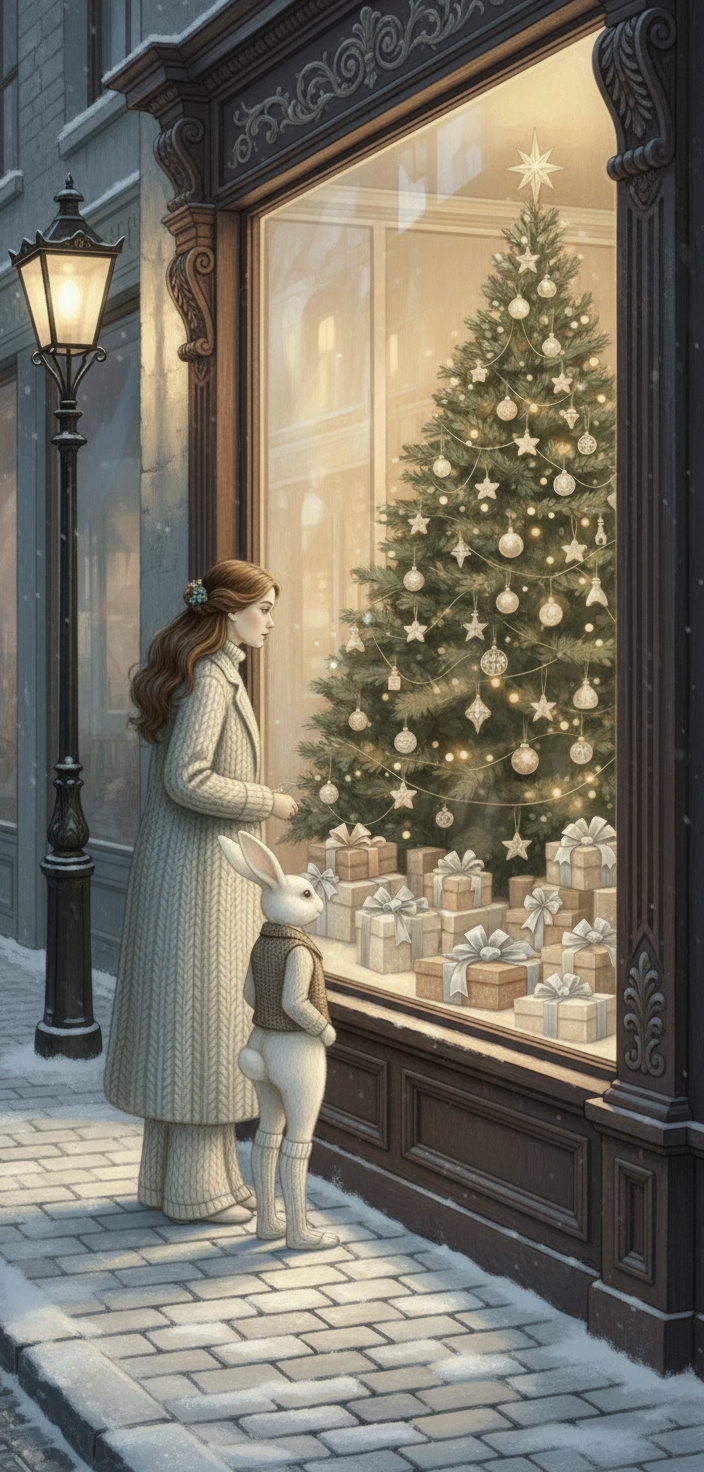 Dívka a králík u výlohy se sněhem